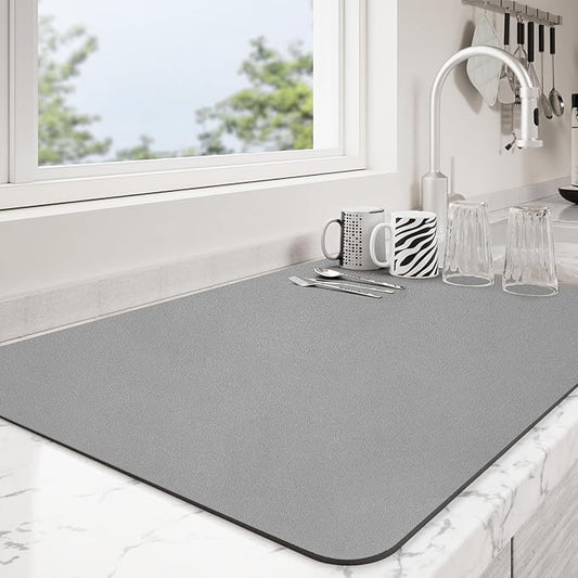 Dish Drying Mat for Kitchen Counter | Coffee Bar Mat for Countertops | Heat Resistant Drainer Mat with Non-slip Rubber Backed | Hide Stain Kitchen Absorbent Draining Mat | Grey 18"x32"