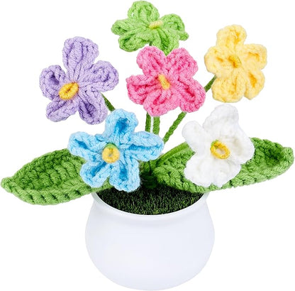 Crochet Flowers Handmade Knitted Potted Flower Gifts, Christmas Birthday for Women Coworkers Girlfriend Teacher, Cute Desk Home Room Office Decor Accessories