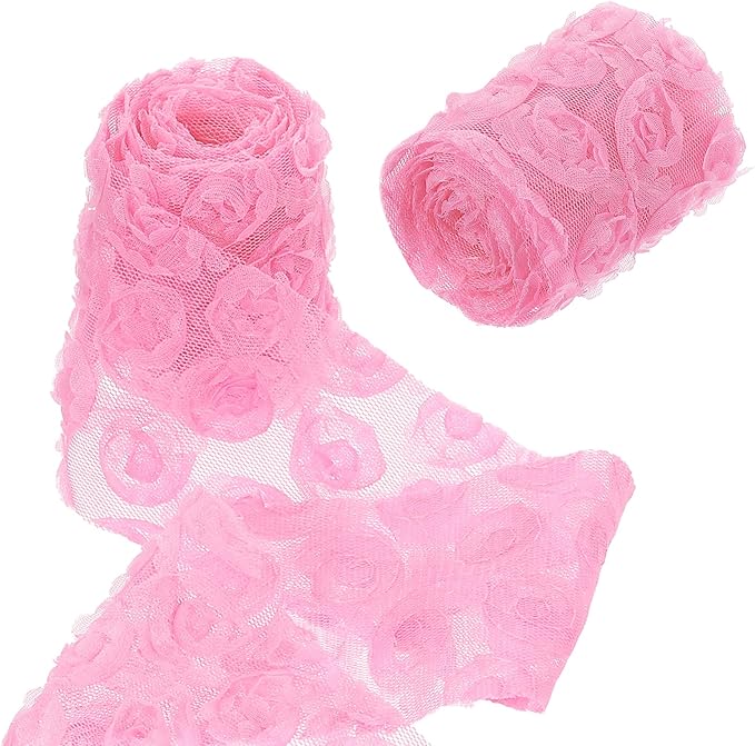 uxcell 2PCS Lace Trim Ribbon, 2.36 inch - 1 Yard 3D Rose Floral Embroidery Ribbons Edge Trimming for Sewing, Wedding Dress, DIY Crafts, Decoration Accessories, Dark Pink
