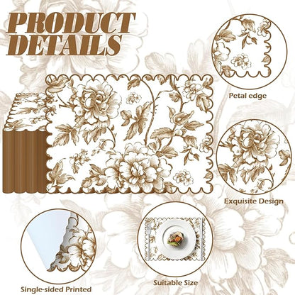 100 Pcs Brown Floral Paper Placemat Scalloped Disposable Chinoiserie Paper Table Placemats Brown Place Mats for Birthday Wedding Banquet Holiday Party