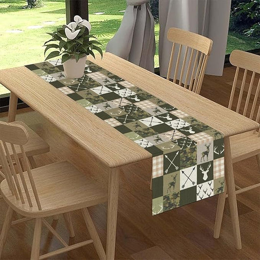 Farmhouse Table Runner, Rustic Deer Camouflage Buffalo Plaid Wild Animal Seasonal Coffee Table Center Decor for Home Kitchen Dining Patio Holiday Party Table Decorations 13x72 inches