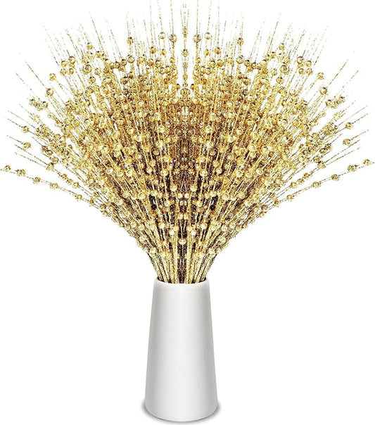 Geosar 30 Pcs Christmas Artificial Glitter Berry Stem Decorations 17 Inch Faux Stick Floral Pick Centerpiece Bouquet Flower Bead Twigs for Centerpiece Tree Wreath Xmas Ornaments Home(Gold)