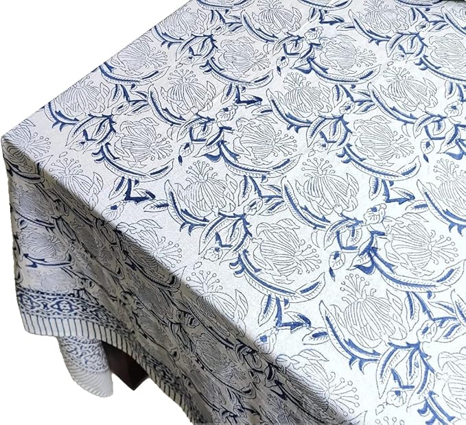 ATOSII ‘Santorini’ 100% Cotton Fall Tablecloth, Handblock Print Blue Rectangle Table Cloth for Kitchen I Dining Table Linen I Parties Wedding Christmas Thanksgiving I Fall Decor 60 X 90 Inches