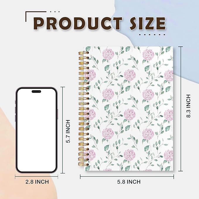 VIIJJUE Hydrangea Floral Notebook Journal, Pink Flowers Notebooks for Note Taking, Pink Office Supplies, Hardcover Spiral Journal 5.5x8.3 Inch
