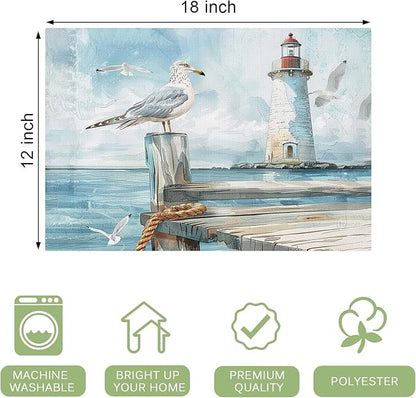 Lighthouse Seagull Placemats Set of 6 Washable Table Mats Ocean Nautical Coastal Heat-Resistant Cotton Linen Place Mats for Dining Table Kitchen Indoor Outdoor Party Holiday Decor