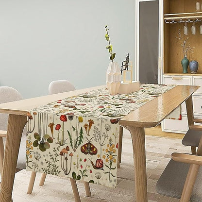 Vintage Mushroom Table Runner Rustic Farmhouse Wildflower Botanical Herbs Table Runner Boho Nature Plants Spring Summer Seasonal Dinner Runner for Home Kitchen Holiday Party Decor 13x70in
