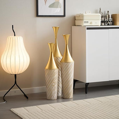 Floor Vases Decorative Tall, Set of 3 Flower Arrangement Stand for Living Room, Bedroom, Room Empty Corner Metal Gold Flower Vase Champgne & White