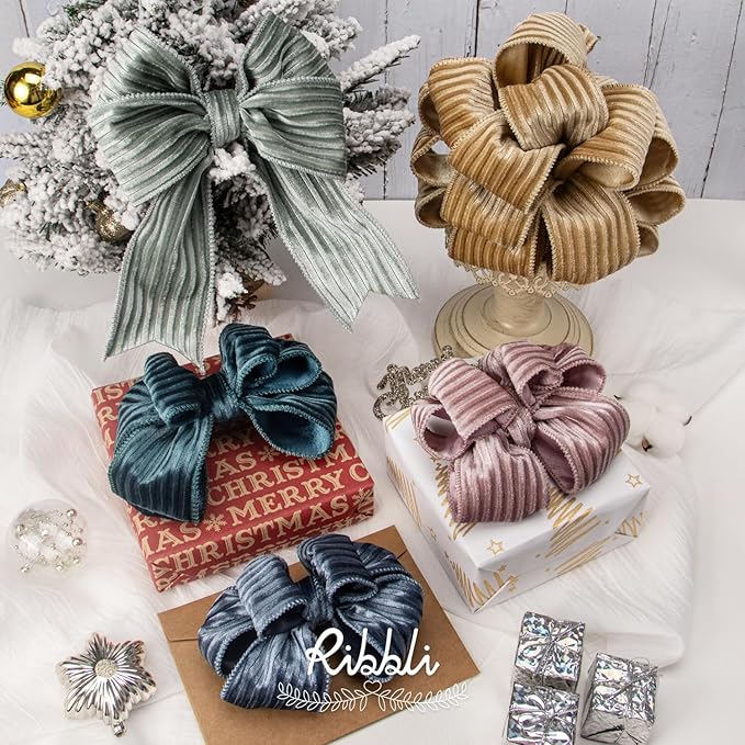 Ribbli Glossy Dusty Pink Velvet Wired Ribbon 2.5 Inch Striped Velvet Christmas Ribbon for Gift Wrapping Christmas Tree Decoration Crafts Wreaths Supplies-Continuous 10 Yards