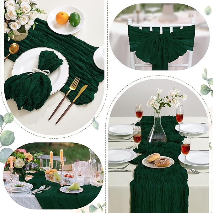 Emerald Green Christmas Cheesecloth Table Runner 10FT Long Boho Gauze Table Runner Rustic Sheer Runner for Wedding Bridal Baby Shower Birthday Party Table Decor Home Christmas Decorations（6 Pack）
