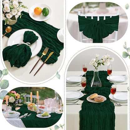 Emerald Green Christmas Cheesecloth Table Runner 10FT Long Boho Gauze Table Runner Rustic Sheer Runner for Wedding Bridal Baby Shower Birthday Party Table Decor Home Christmas Decorations（6 Pack）