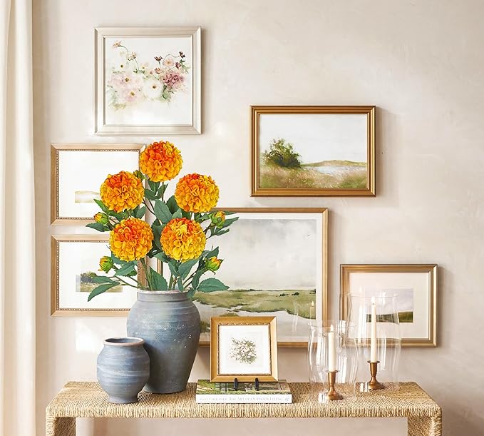 Hollyone 5PCS Dahlia Fall Flowers Artificial for Decoration 24.8" Orange Fake Ball Dahlias Autumn Silk Flowers Arrangements Faux Roses Flower with Stems Bouquets Centerpieces Fall Decorations for Home
