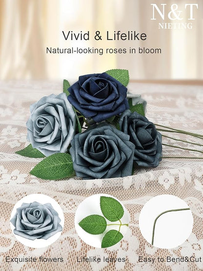 N&T NIETING Fake Roses,25pcs Artificial Flowers Dusty Blue Fake Roses Faux Flowers Fake Flowers for DIY Wedding Bouquets Centerpieces Floral Arrangements Home Decorations Shades of Navy Blue