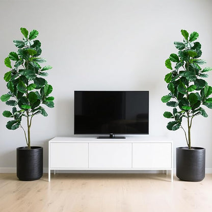 Artificial Fiddle Leaf Fig Tree：7FT Tall Faux Ficus Lyrata Plant Fake Fig Trees Realistic Green Silk Large Leaves with Natural Trunks & Pebbles in Black Planter for Indoor Outdoor Office Home.