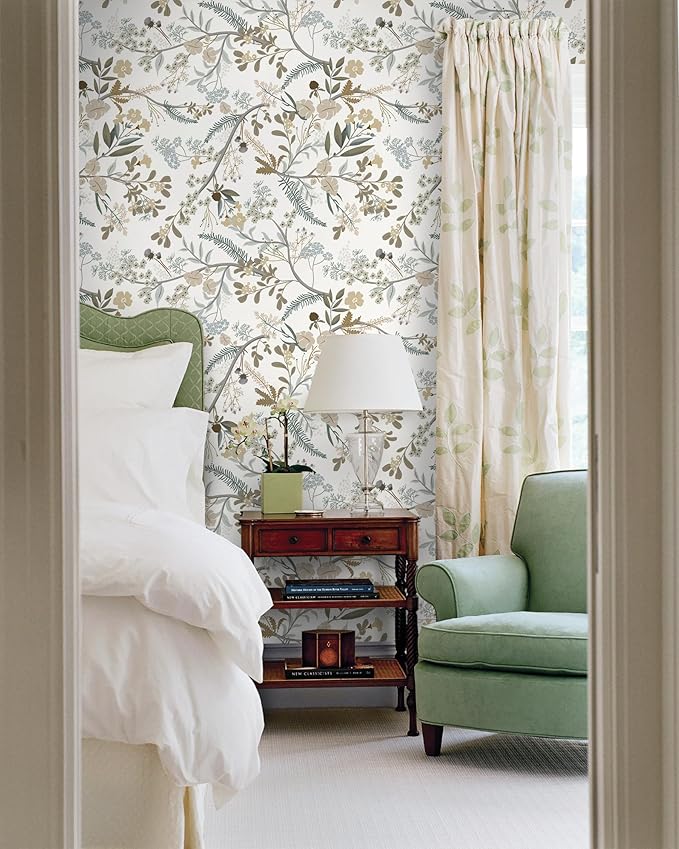 Guvana 16.14"x197" Floral and Leaf Wallpaper Floral Peel and Stick Wallpaper Leaves Contact Paper Colorful Flowers Removable Wall Paper for Room Wall Decor（Off-White Background）