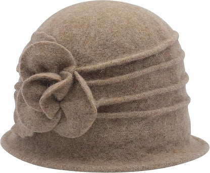 ZLYC Women Wool Cloche Bucket Hat 1920s Vintage Dress Winter Hats with Flower Accent