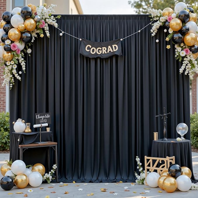 gogoparti 30 ft × 12 ft Black Backdrop Curtain for Wedding Parties, 6 Panels Wrinkle-Free 12 FT Long Polyester Photo Backdrop Drapes for Birthday, Baby Shower, Halloween Photography Background