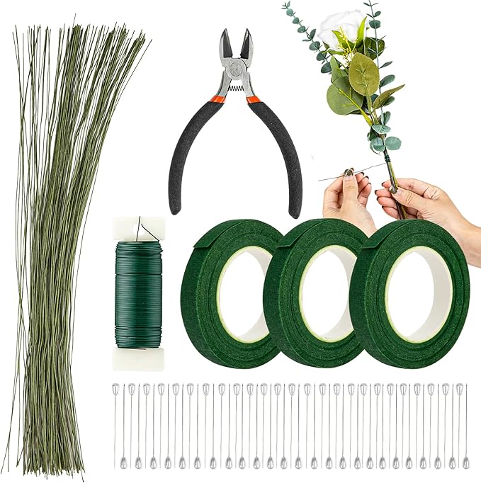 RAINFLOW Flower Arrangement Supplies for DIY Floral Tape and Floral Wire Kit with Boutonniere Pins Cutter Include 22 Gauge Wire and 26 Gauge Wire for Flower Bouquet and Wreath Making