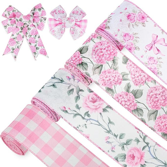 4 Rolls Pink Floral Wired Ribbon Set - 2.5 Inch Wide, 20 Yards Total – Rose Patterned Pink and White Vintage Satin Ribbon for Crafts, Spring, and Floral Decor, Mother's Day Gift for her
