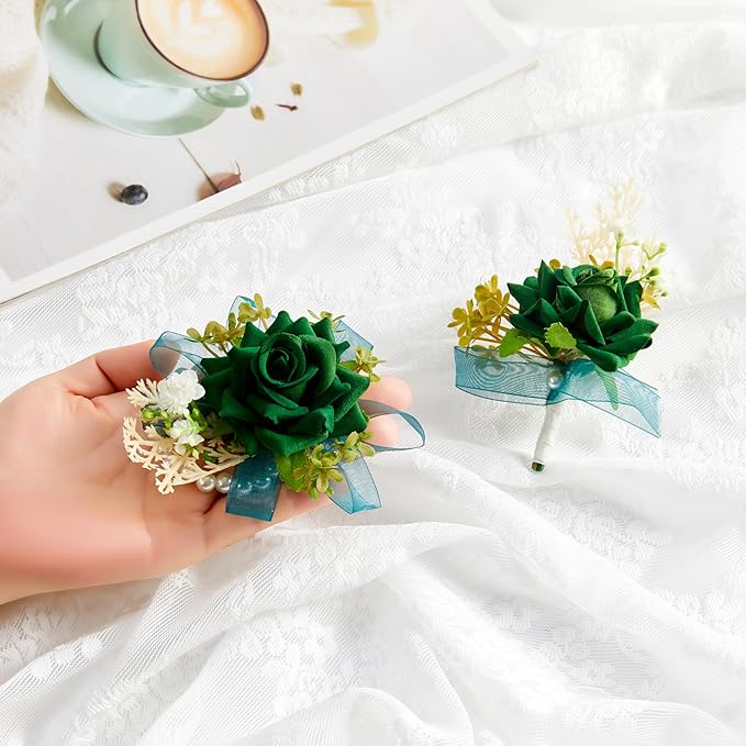 SITUMEIZI 2Pcs Green Corsage and Boutonniere Set Corsage Wristlet for Prom Decor Boutonniere for Men Wedding Flowers Accessories Party Suit Decoration