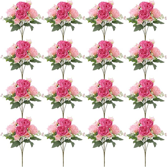 16 Pack Pink,Hot Pink Peonies Artificial Flowers,Fake Silk Hydrangea Bouquet for Bridal Wedding Home Table Decor Reusable Dining Opening Ceremony Birthday Arrangement Faux Floral