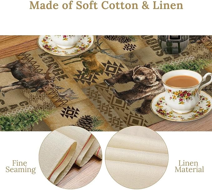Rustic Cabin Table Runner, Farmhouse Deer Bear Retro Pine Forest Native Aztec Wild Animal Seasonal Coffee Table Center Decor for Home Kitchen Dining Patio Holiday Party Table Decorations 13x36 inches