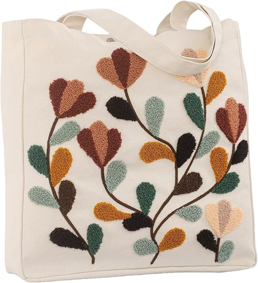 Aesthetic Embroidery Tote Bag for Lady Cute Reusable Canvas Shoulder Bag for Girls Women Shopping Grocery