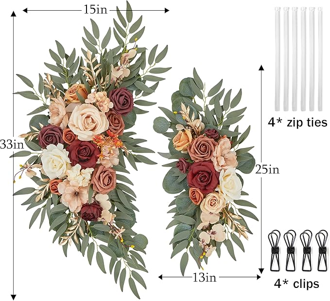 Ting's time Wedding Arch Flowers Set of 2 Flower Swag Arrangements Burnt Orange Wedding Welcome Signs Terracotta Flowers for Wedding Ceremony and Reception Backdrop