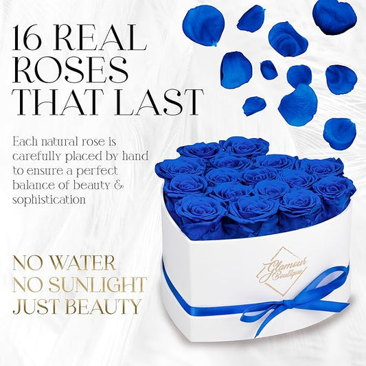 GLAMOUR BOUTIQUE Preserved Roses in a Box - Gifts for Her, Wife & Mom, Rose Flowers Forever Decor for Birthday Gift, Get Well Flower Bouquet Cased in White Box with Cover - Blue - 16-Piece