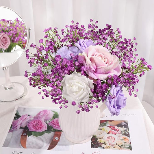DEEMEI 15 PCS Babys Breath Artificial Flowers Fake Babys Breath Flowers Artificial Bulk Purple Gypsophila Bouquets Real Touch Faux Flowers for Wedding Floral Arrangement Party Home Decoration