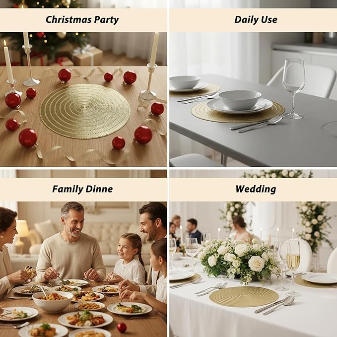 Gold Placemats Set of 6-15 Inch Round PVC Table Mats, Heat-Resistant & Waterproof Washable Place Mats for Dining Table, Elegant Metallic Decor for Holiday Dinner Party Decorations