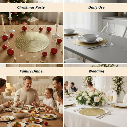 Gold Placemats Set of 6-15 Inch Round PVC Table Mats, Heat-Resistant & Waterproof Washable Place Mats for Dining Table, Elegant Metallic Decor for Holiday Dinner Party Decorations