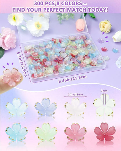 FIVEIZERO 300PCS Acrylic Cherry Blossom Flower Beads, 8 Colors Sakura Floral Bead Caps Charms for Bracelets, Necklaces & DIY Jewelry Making
