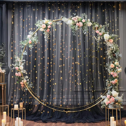 10x10ft Black Tulle Backdrop Curtain with Lights String for Parites, Sheer Backdrop Curtains for Wedding Baby Shower Birthday Party Photo Shoot Decorations