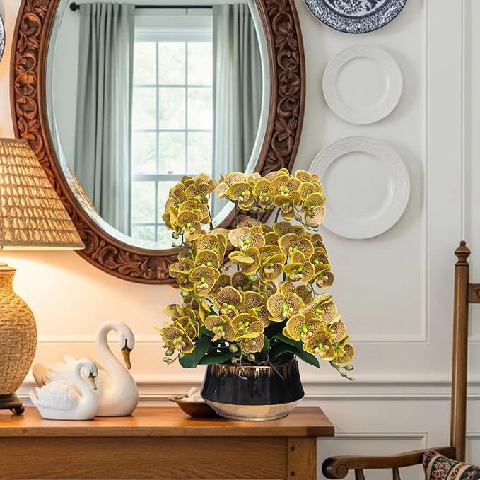 CXGS Orchids Artificial Flower Real Touch Faux Orchid in Large Ceramic Vase 23.6'' Realistic YellowSpots Fake Phalaenopsis Floral Arrangements Centerpiece Table Home Indoor Decor