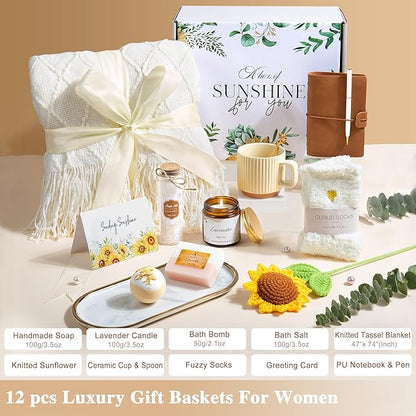 Gifts for Women, Best Friend Birthday Gifts, Get Well Soon Self Care Package Box, Sending Sunshine Sunflower Basket, Thinking of You Inspirational Christmas Gifts for Mom Her Sister Wife