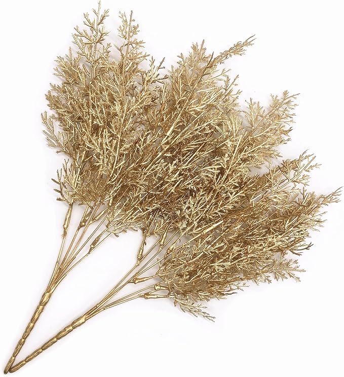 PASYOU Golden Fake Plants, Artificial Flowers Decoration for Christmas Antlers Grass Plastic Faux DIY Crafts Indoor Outdoor Home Garden Party Room Bedroom Wedding Table Centerpiece Decor, Gold 4 Pack