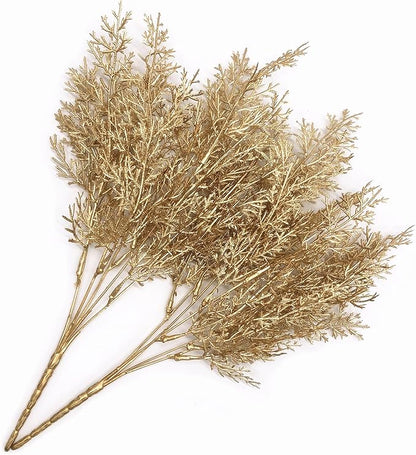 PASYOU Golden Fake Plants, Artificial Flowers Decoration for Christmas Antlers Grass Plastic Faux DIY Crafts Indoor Outdoor Home Garden Party Room Bedroom Wedding Table Centerpiece Decor, Gold 4 Pack