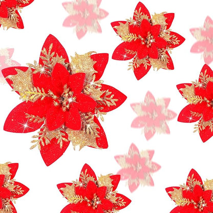 24 Christmas Glitter Artificial Poinsettia Flowers Xmas Poinsettia Artificial Wedding Flowers Decorations Xmas Tree Ornaments with Clips for Party Favors, 6 Inch, 4 Inch, 3 Inch (Red and Gold)