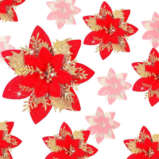 24 Christmas Glitter Artificial Poinsettia Flowers Xmas Poinsettia Artificial Wedding Flowers Decorations Xmas Tree Ornaments with Clips for Party Favors, 6 Inch, 4 Inch, 3 Inch (Red and Gold)