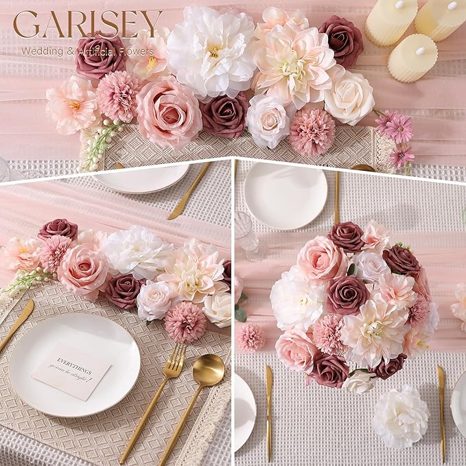 Artificial Flowers Combo, Mix Silk Flowers Roses, Peonies, Dahlias with Stems for DIY Wedding Bridal Bouquets, Baby Shower, Table Centerpieces, Home Decor, Fake Floral Arrangements-Blush Pink