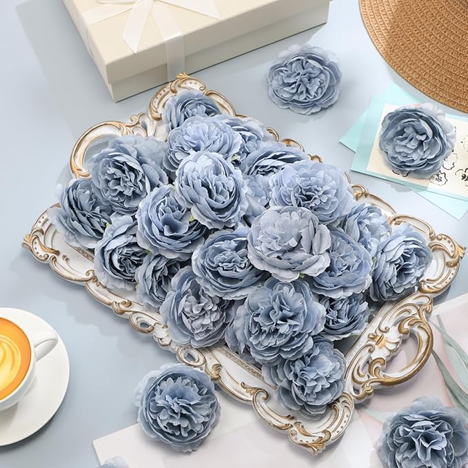 Thiccywoov 200 Pcs Flowers Long Stem Artificial Rose Bulk, 3.2 Inches Silk Rose Head Flowers Faux for Wedding Bridal Bouquet Independence Day Home Floral DIY Centerpieces Party Decoration(Dusty Blue)