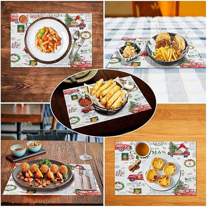Christmas Placemats Simple Rustic Christmas Tree Red Gnome Truck Christmas Bells Gifts Wreath Snowman Greeting Card Placemats Table Kitchen Dining Party 12x18 Inch Set of 6