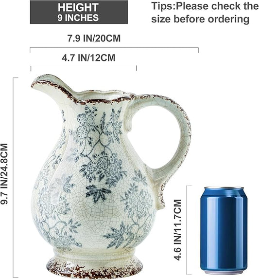 Enra Large Vintage Blue and White and Pitcher for Home Decor, 9.7 Inch Rustic Chinoiserie Decorative Vases, Green and Beige Ceramic Vases for Living Room, Kitchen, Office – Large Vases for Decor