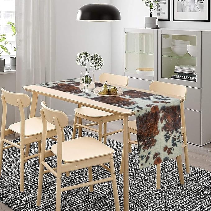Cow Print Table Runner, Brown Cowhide Print Western Style Table Runner Country Farmhouse Cottage Cow Patten Table Decoration for Home Kitchen Dining, 13x36 in