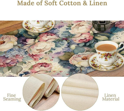 Vintage Floral Table Runner,Girls Women Rose Romantic Leaf Botanical Watercolor Pattern Print Burlap for Hotel Indoors Outdoor Dining Room Kitchen Holiday Party, 13x70in