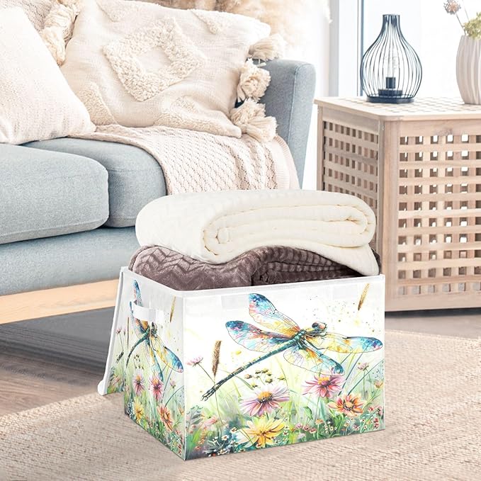 senya Baskets Collapsible Storage Bins with Lids, Dragonfly Wildflowers Painting Storage Boxes Clothes Baskets for Organizing, B06D22020