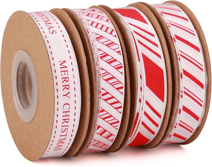 4 Rolls Total 40 Yards Red Striped Ribbon 3/8 Inch Christmas Candy Cane Ribbons Use for Christmas Gift Wrapping, Party Decoration,All Crafting and Sewing (3/8inch, red)