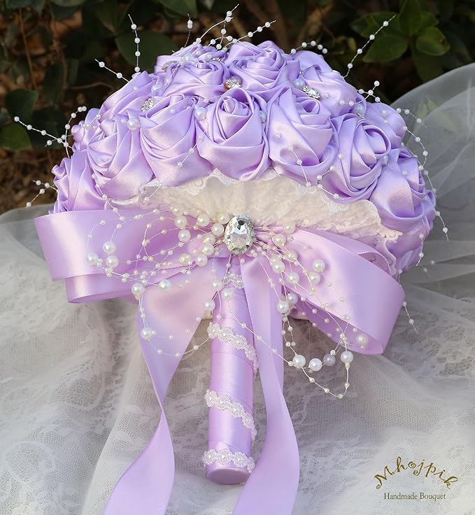 Bridal Wedding Bouquet Round Bling Brooch Bouquet Throw Toss Artificial Rose Flower Bunch for Bride Bridesmaid Wedding Quinceanera(Light Purple, 9.8")