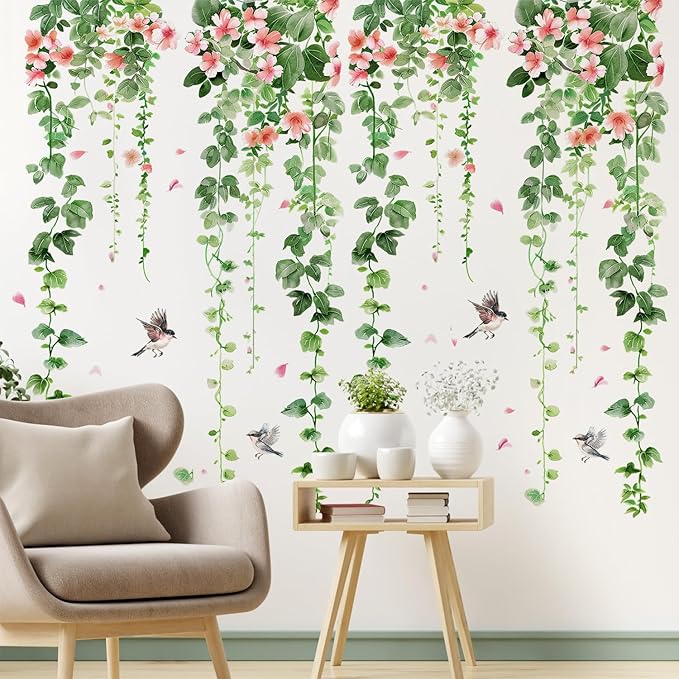 4 Sheets Green Plants Flower Wall Decals Hanging Vine Green Leaves Wall Stickers Watercolor Pink Flowers Wall Art Nature Removable Peel and Stick Wallpaper for Kids Bedroom Nursery Home Decoration 21