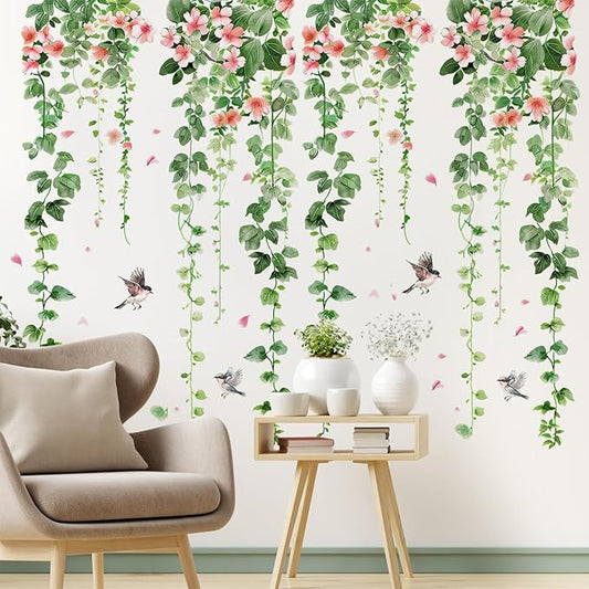 4 Sheets Green Plants Flower Wall Decals Hanging Vine Green Leaves Wall Stickers Watercolor Pink Flowers Wall Art Nature Removable Peel and Stick Wallpaper for Kids Bedroom Nursery Home Decoration 21